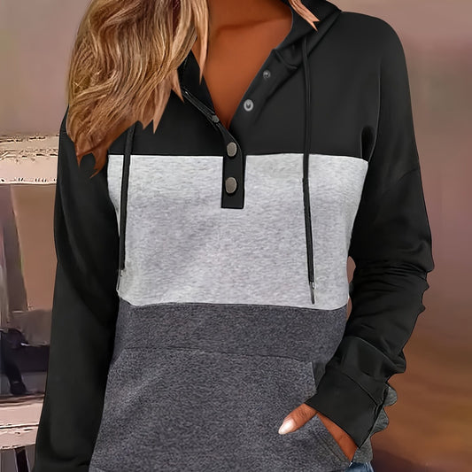 Color Block Button-Neck Hoodie