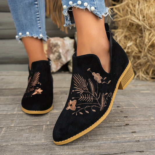 Embroidered Low-Heel Ankle Boots