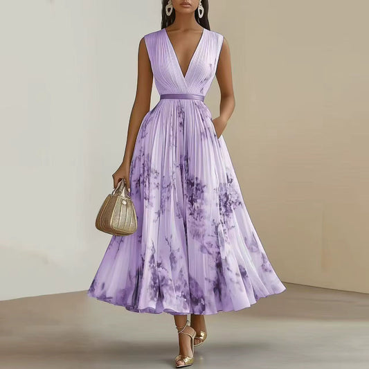 Pleated V-Neck Maxi Dress
