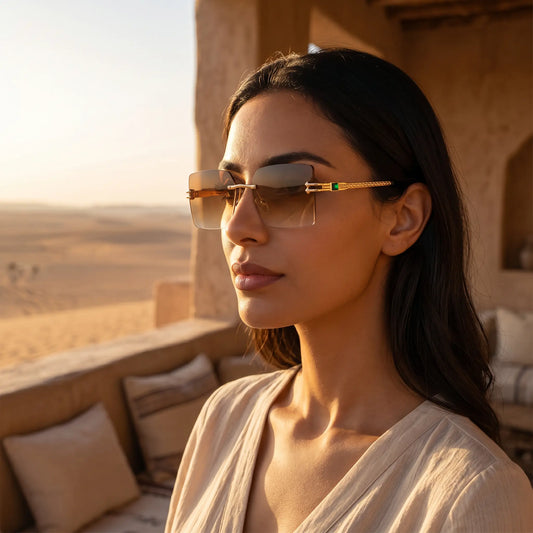Model wearing Aridia oversized square rimless sunglasses with brown gradient lenses and gold textured temples, set against a warm desert backdrop at sunrise.