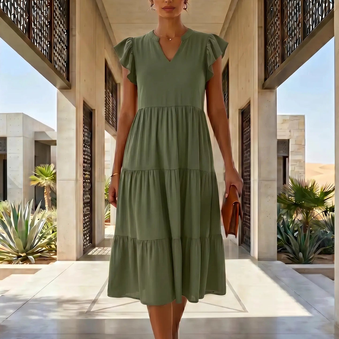 Model wears a flowing Army Green tiered midi dress with flutter cap sleeves and a V-neck, walking in a sleek architectural passage.