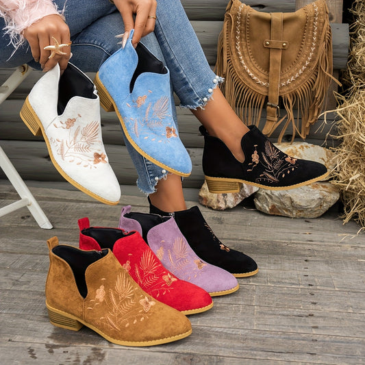 Embroidered Low-Heel Ankle Boots