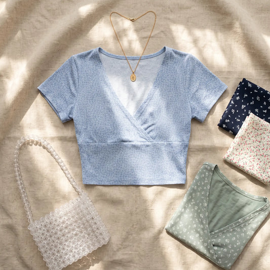 Luxurious Brivan light blue floral faux-wrap V-neck crop top with short sleeves, elegantly presented flat-lay on a textured beige studio surface. It is styled with a gold pendant necklace and a clear beaded shoulder bag, alongside folded swatches of complementary romantic floral patterns.