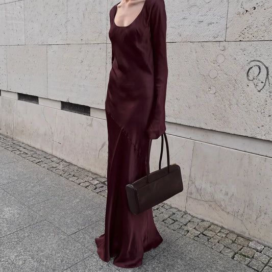 Kivrin - Elegant Maxi Dress Satin U-Neck