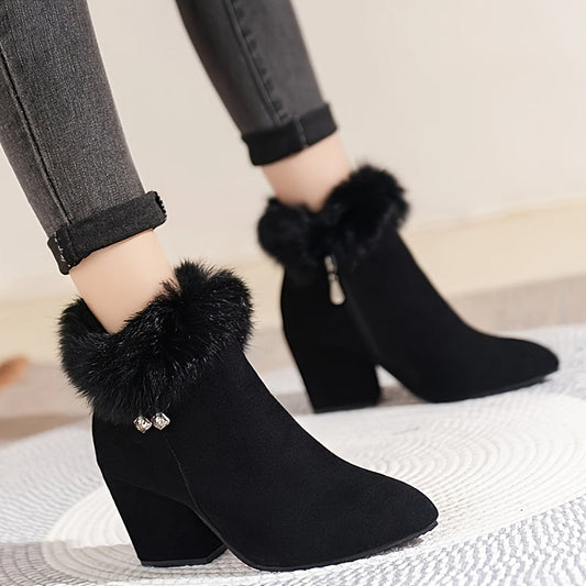 Block-Heel Ankle Boots with Plush Trim