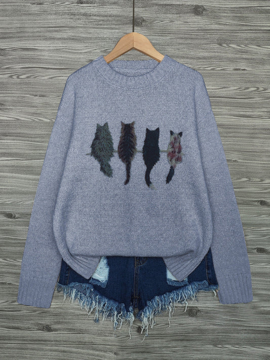 Cat-Print Knit Pullover
