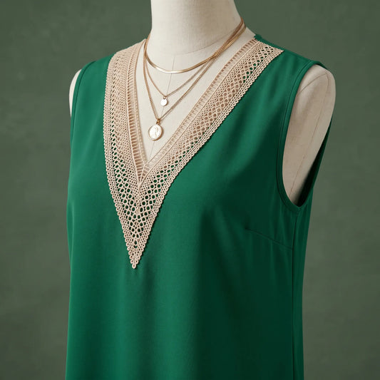 Close-up of a green sleeveless blouse showcasing a deep V-neckline with wide, intricate beige geometric crochet lace trim and layered gold necklaces.