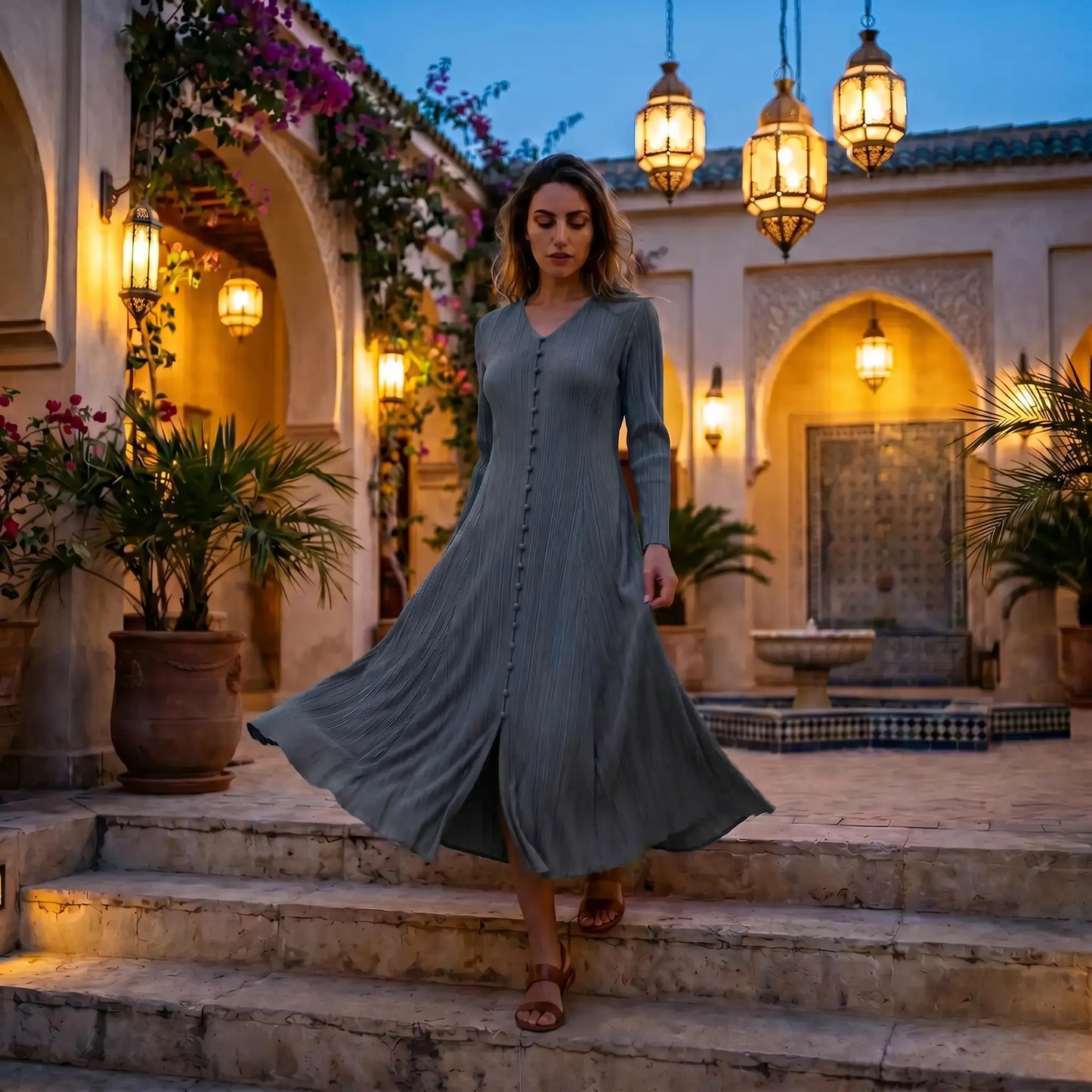 Model wearing a Zethrin Iron Grey pleated V-neck midi dress with long sleeves and a button-front detail, walking down stone steps in an elegant evening courtyard setting with illuminated lanterns.