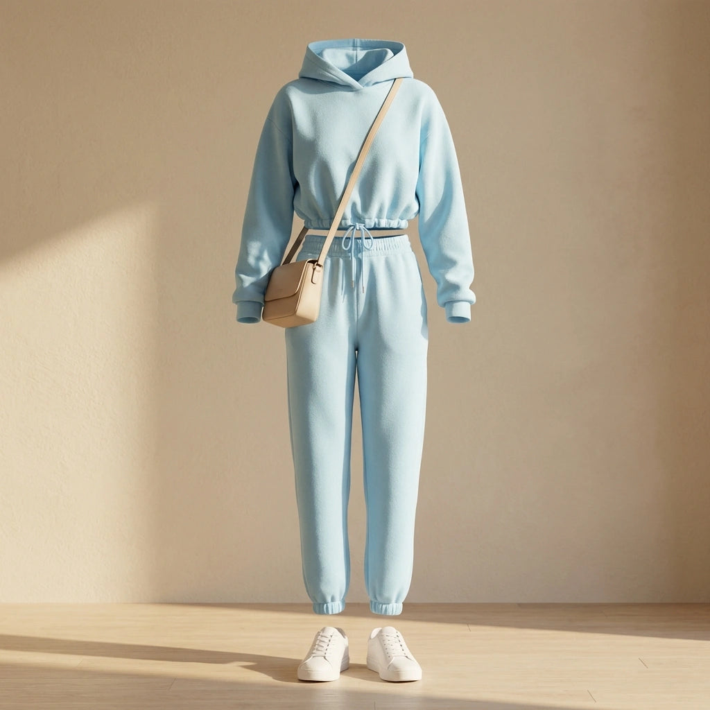 Kaelo Premium fleece cropped hoodie and jogger lounge set in light blue, styled with a beige crossbody bag and white sneakers.