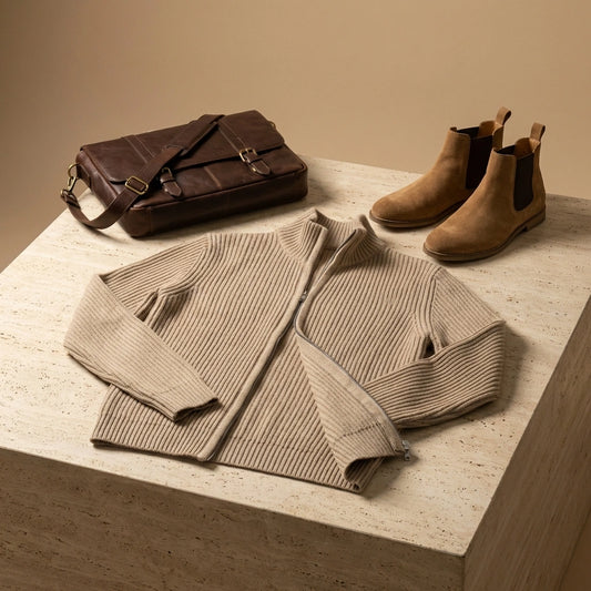 Kaelon mens ribbed zip cardigan in sand beige styled flat-lay with leather accessories, showing the architectural vertical texture.