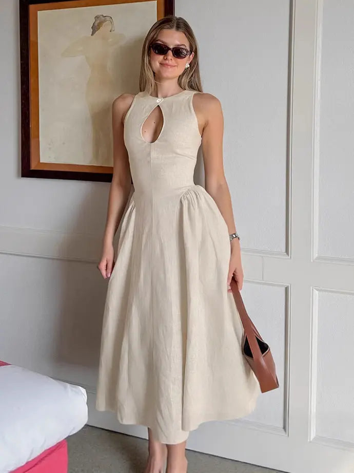 Sleeveless Linen Blend Midi Dress, Natural Oatmeal Beige, Keyhole Neck, Gathered Waist, A-Line – RiveMonde