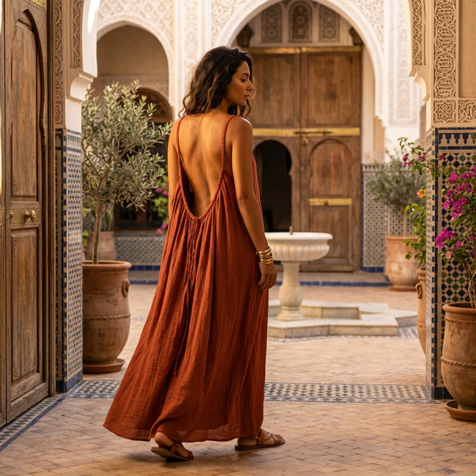 Woman wearing the Khozun Bohemian Open-Back Maxi Dress in vibrant orange, showcasing its deep U-shaped back with tie detail and flowing crinkled fabric, walking in a Moroccan courtyard.