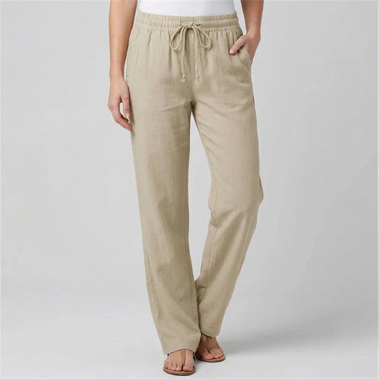 Luvana linen blend trousers for women in desert sand color with elastic drawstring waist and straight-leg fit, front view.