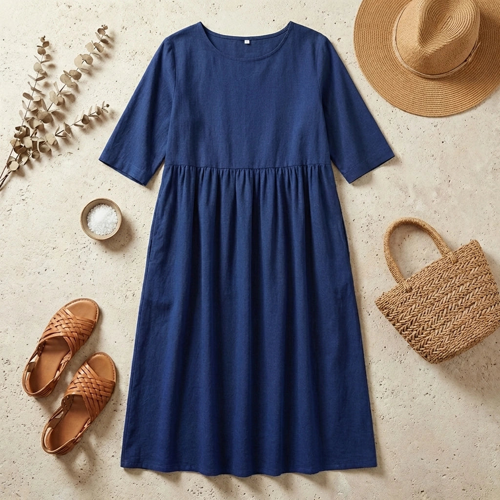 Luvia cotton linen midi dress in deep ocean blue, displayed in a coastal flat-lay with a straw hat and woven sandals.