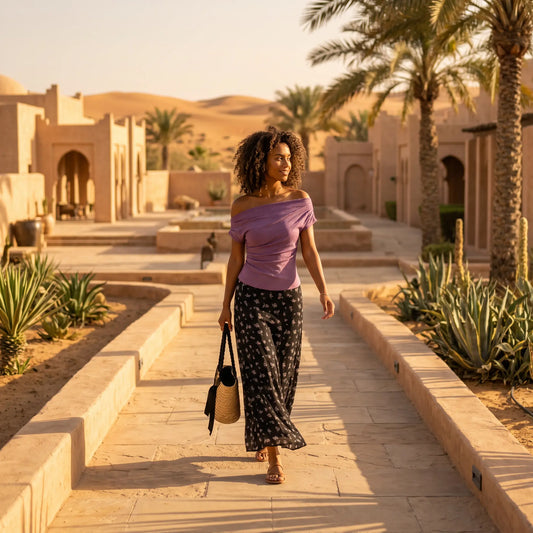 Model gracefully walking through a desert resort at golden hour, wearing a dusty mauve off-shoulder top and a black floral maxi skirt, carrying a woven bag.