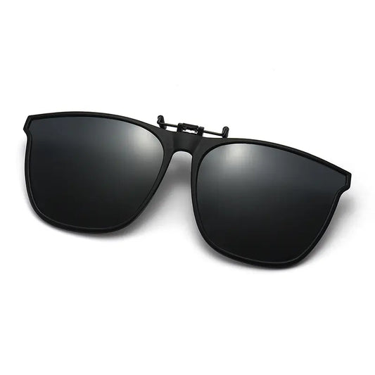 Matte black metal clip-on sunglasses with classic square polarized lenses, presented from a front-facing angle on a clean white background.