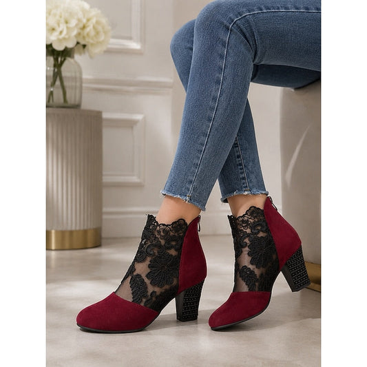 Lace-Accent Block Heel Ankle Boots