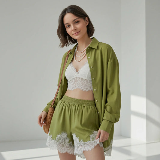 Olive green linen-blend relaxed fit shirt and wide-leg shorts set with delicate white lace trim, worn by a model with pearl necklace and brown handbag.