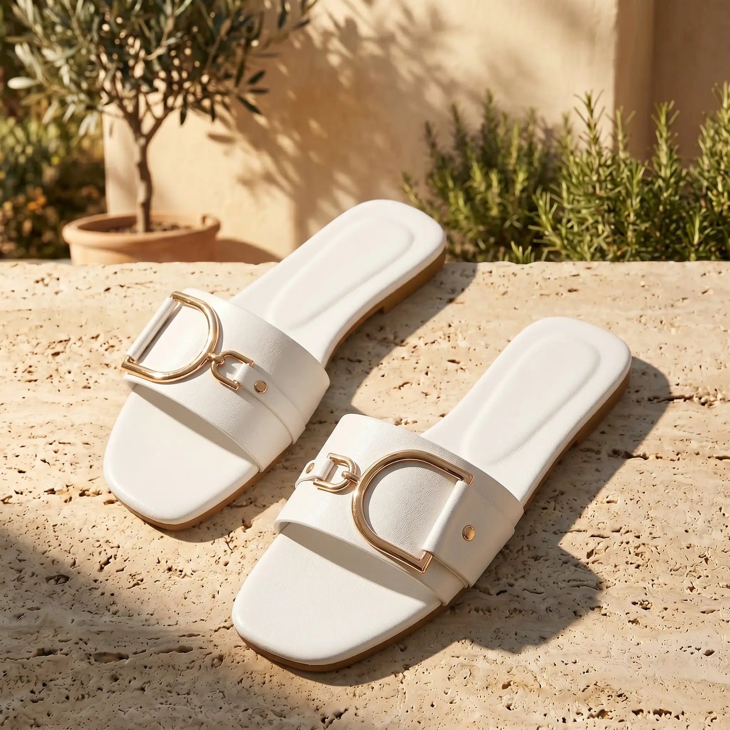 Pristine white square-toe flat slide sandals with wide vegan leather straps and prominent gold-tone D-ring buckles, styled outdoors on a textured stone.