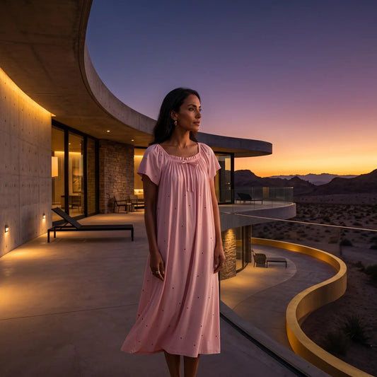Model wearing a Rosewater Pink Zevryn Romantic Lounge Dress with gathered scoop neck and flutter sleeves at desert sunset.
