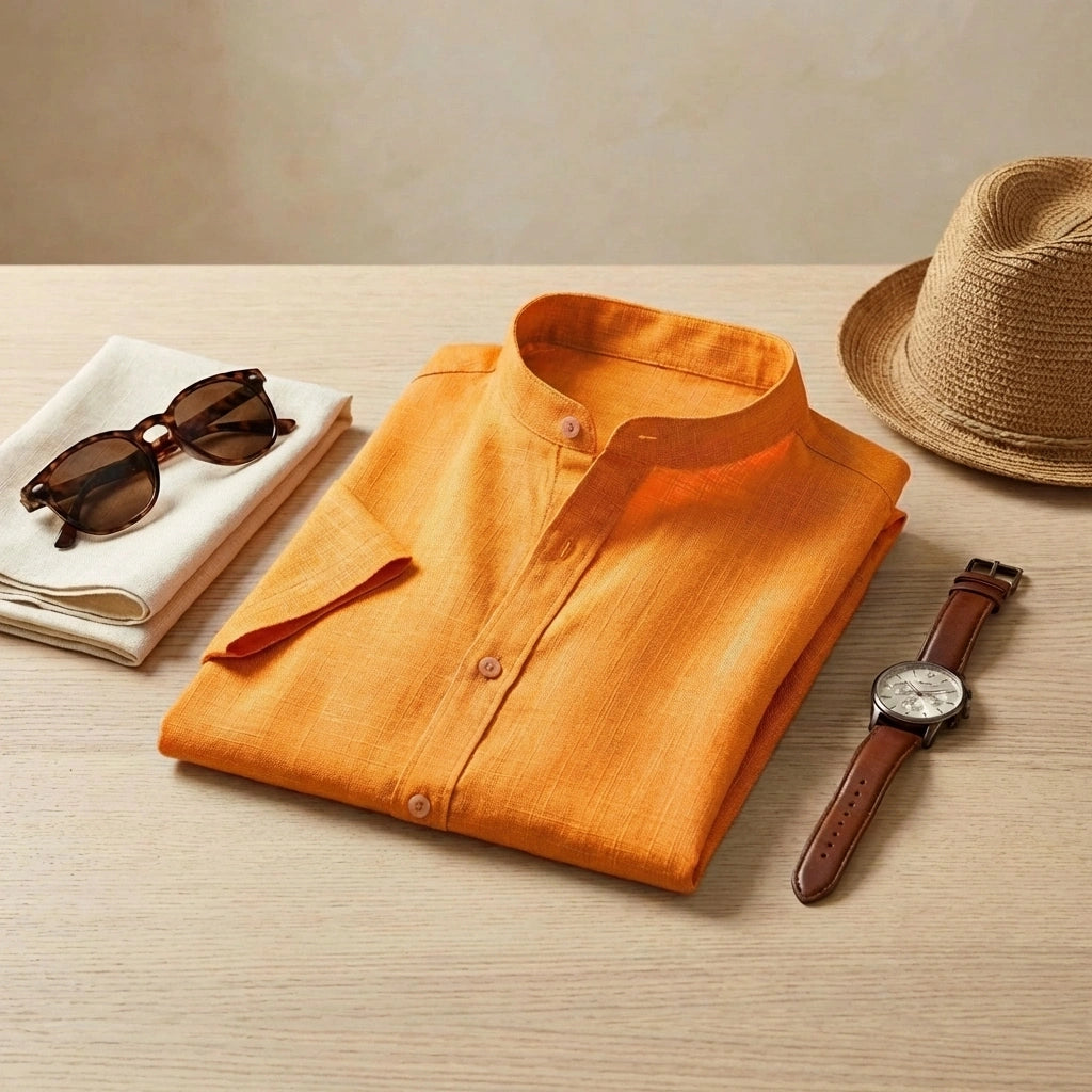Vandore mandarin collar linen shirt in sunset orange, styled with a straw hat, watch, and sunglasses on a wooden table.