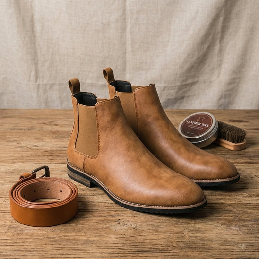 Vantor Classic Chelsea boots for men in burnished tan microfiber leather, styled on a wooden surface with a matching belt and care wax.