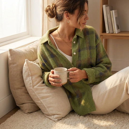 Woman wearing an olive green soft knit plaid shirt with a cozy brushed texture, sitting by a window with a mug.