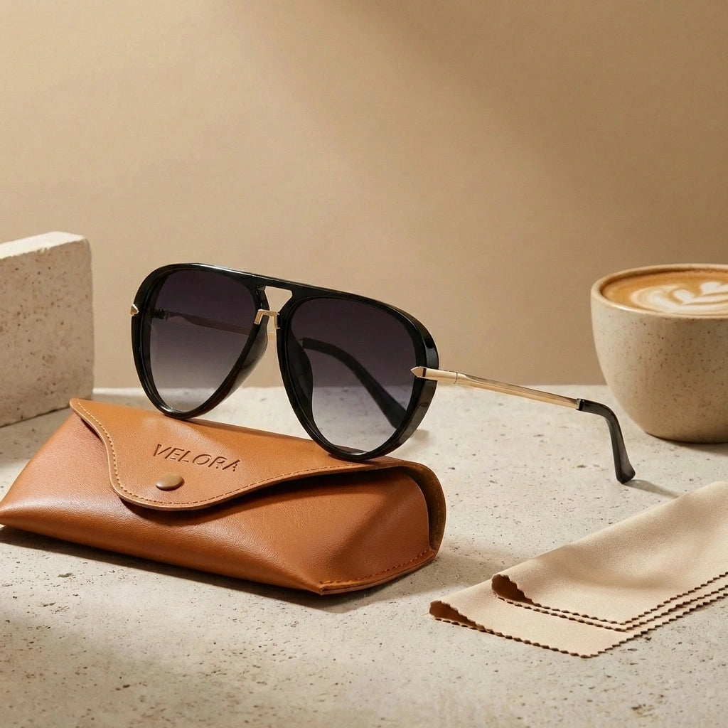 VELORA oversized aviator sunglasses with black gradient lenses and gold double bridge resting on a brown leather case next to a coffee cup.