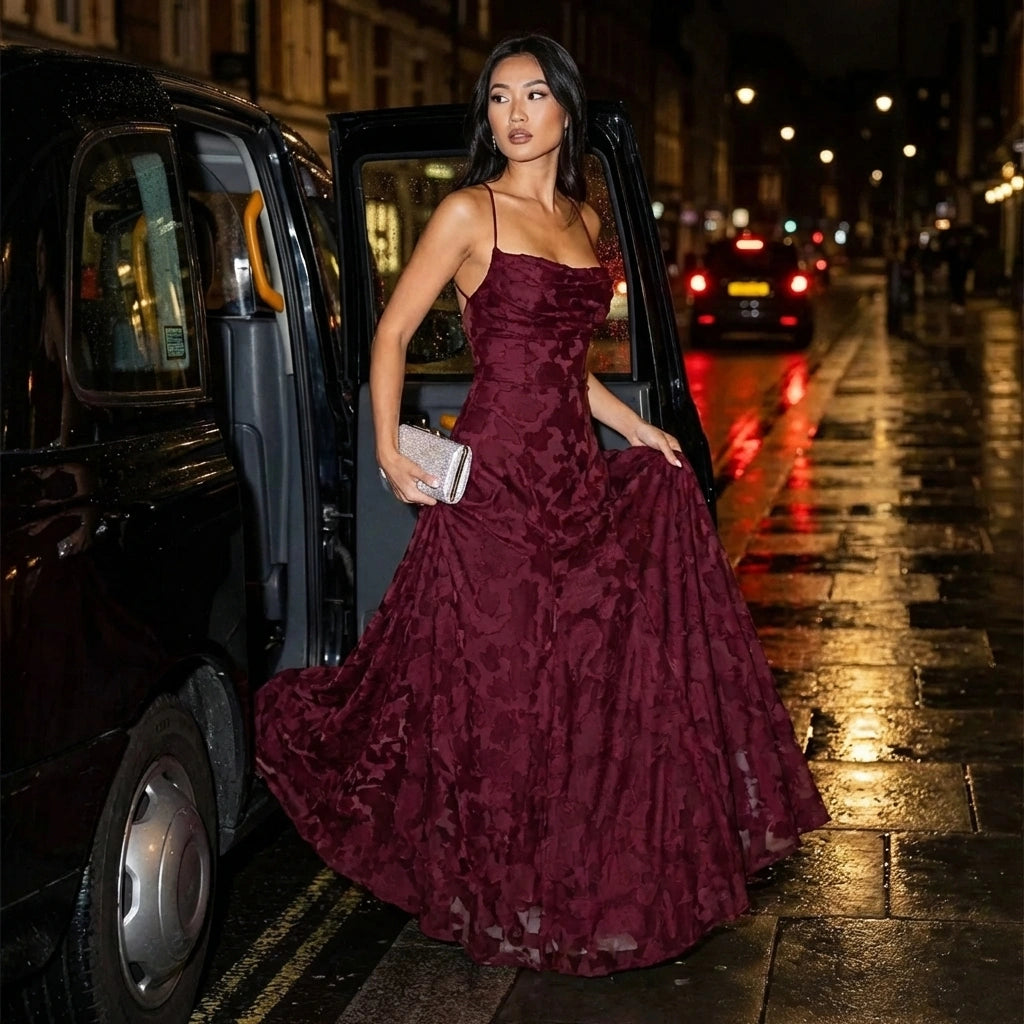 Burgundy Backless Jacquard Maxi Dress - Evening Gown
