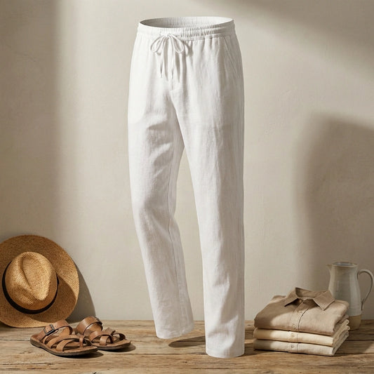 Ventoso men's linen trousers in white with drawstring waist — front view showing breathable cotton-blend fabric and relaxed straight-leg fit.