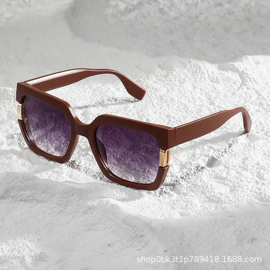 Vesperia luxury square sunglasses in a rich brown acetate frame with gold-tone temple hardware and gradient purple lenses, shown from a three-quarter angle on a textured white surface.