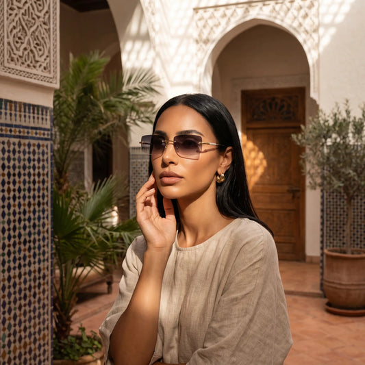 A stylish woman wears rimless square sunglasses with gradient lenses and crystal-embellished gold-tone temples in a sunlit Moroccan courtyard setting.