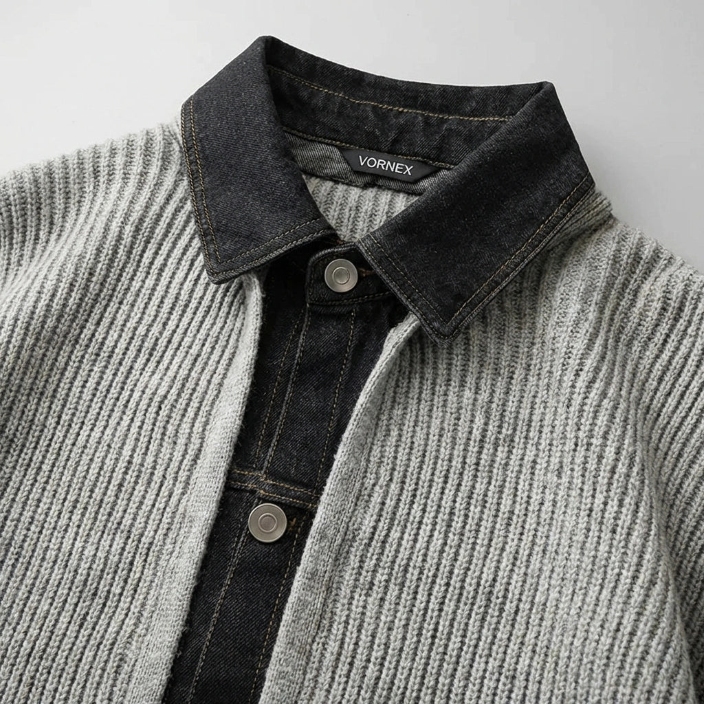 Close-up of Vornex hybrid cardigan in grey thermal knit and black denim, showing the structured collar and metal button detail.