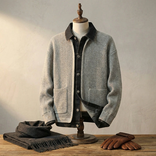 Vornex hybrid denim knit cardigan in gray — front view showing black denim collar and thermal ribbed body, styled with winter accessories.