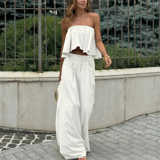 Aethel - White Ruffle Crop Top Wide Leg Trousers Set