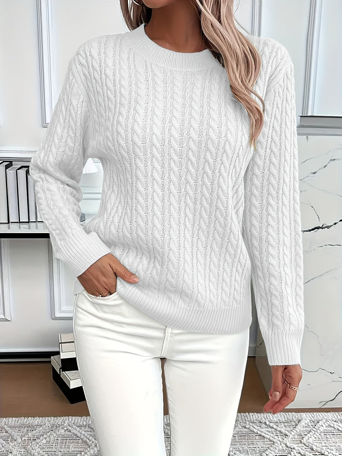Cable-Knit Round Neck Sweater