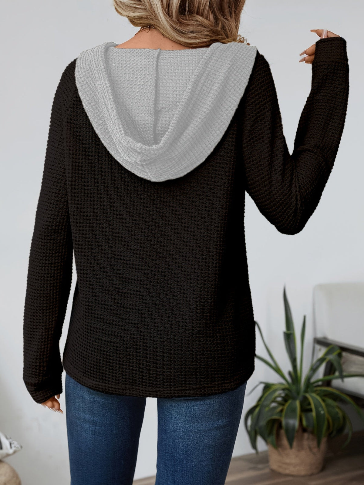 Relaxed Waffle-Knit Hooded Top
