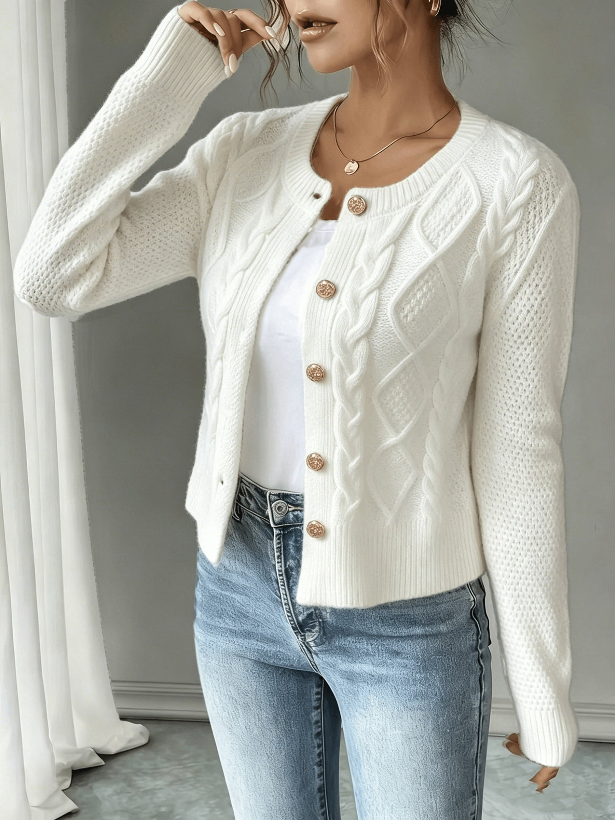 Cable-Knit Button-Front Cardigan