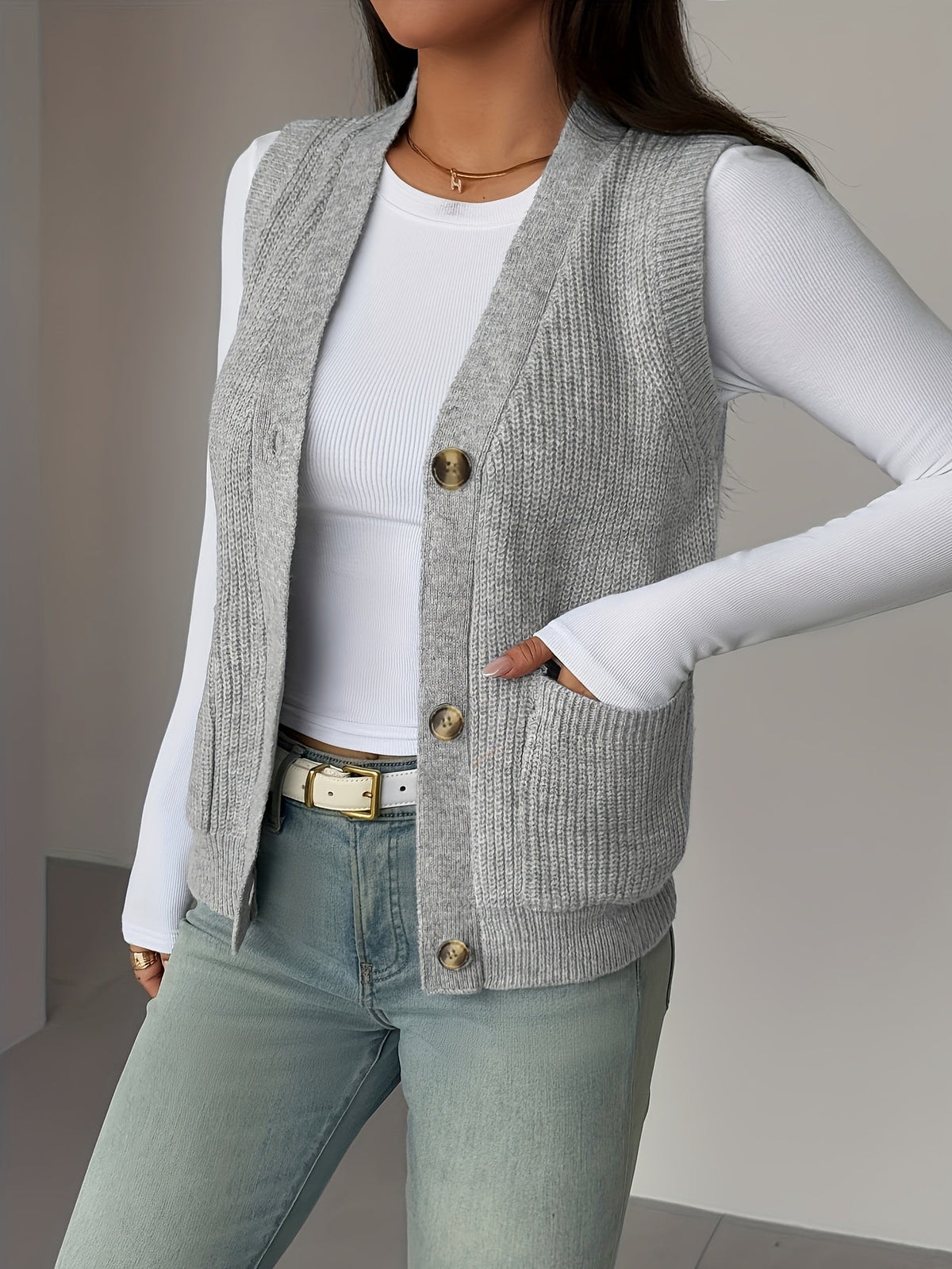 Buttoned V-Neck Knit Vest