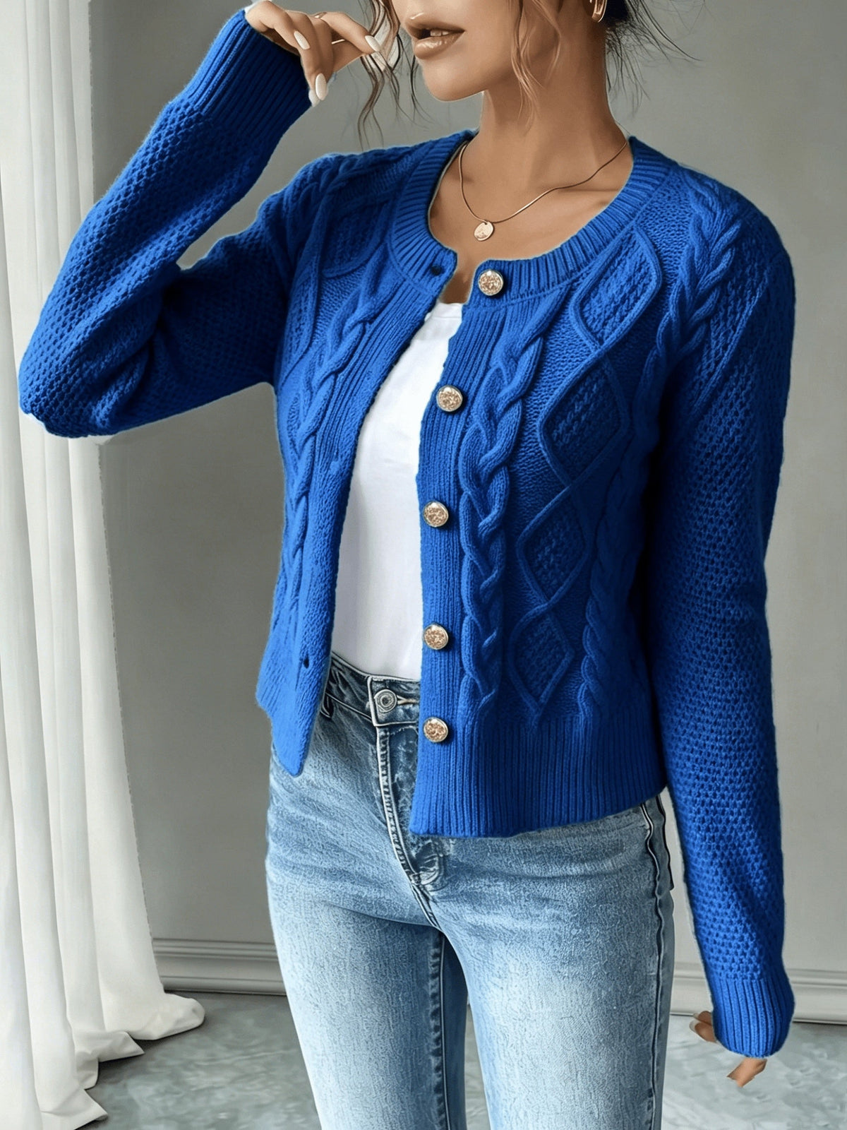 Cable-Knit Button-Front Cardigan
