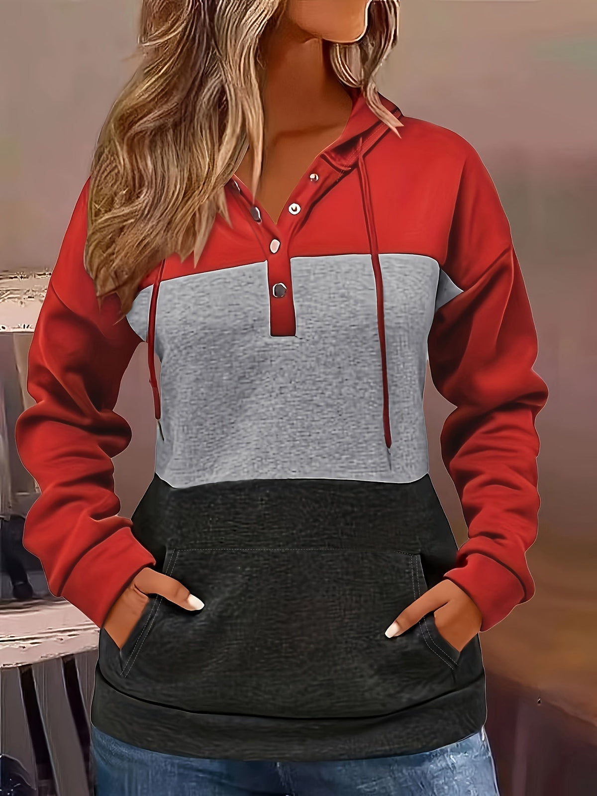 Color Block Button-Neck Hoodie