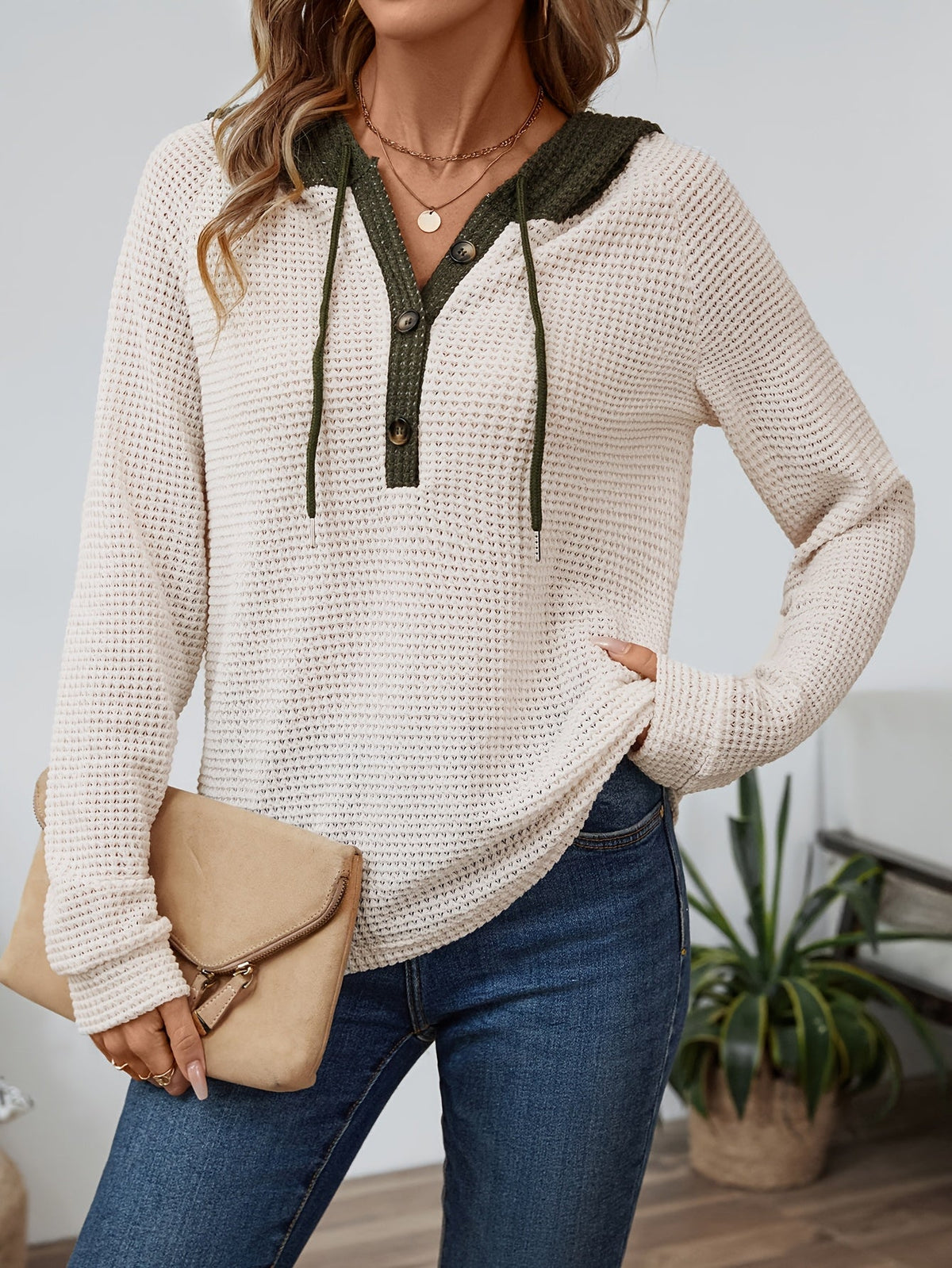 Relaxed Waffle-Knit Hooded Top