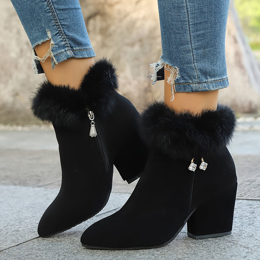 Block-Heel Ankle Boots with Plush Trim