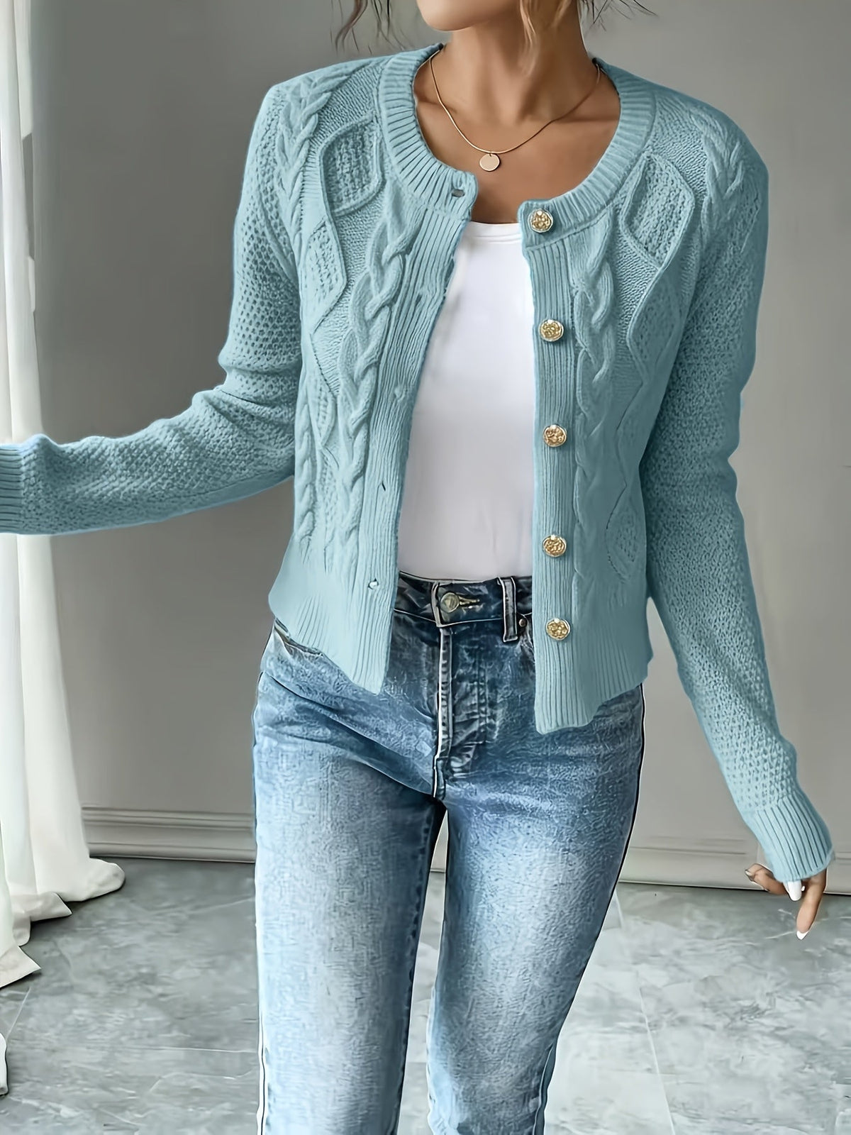Cable-Knit Button-Front Cardigan