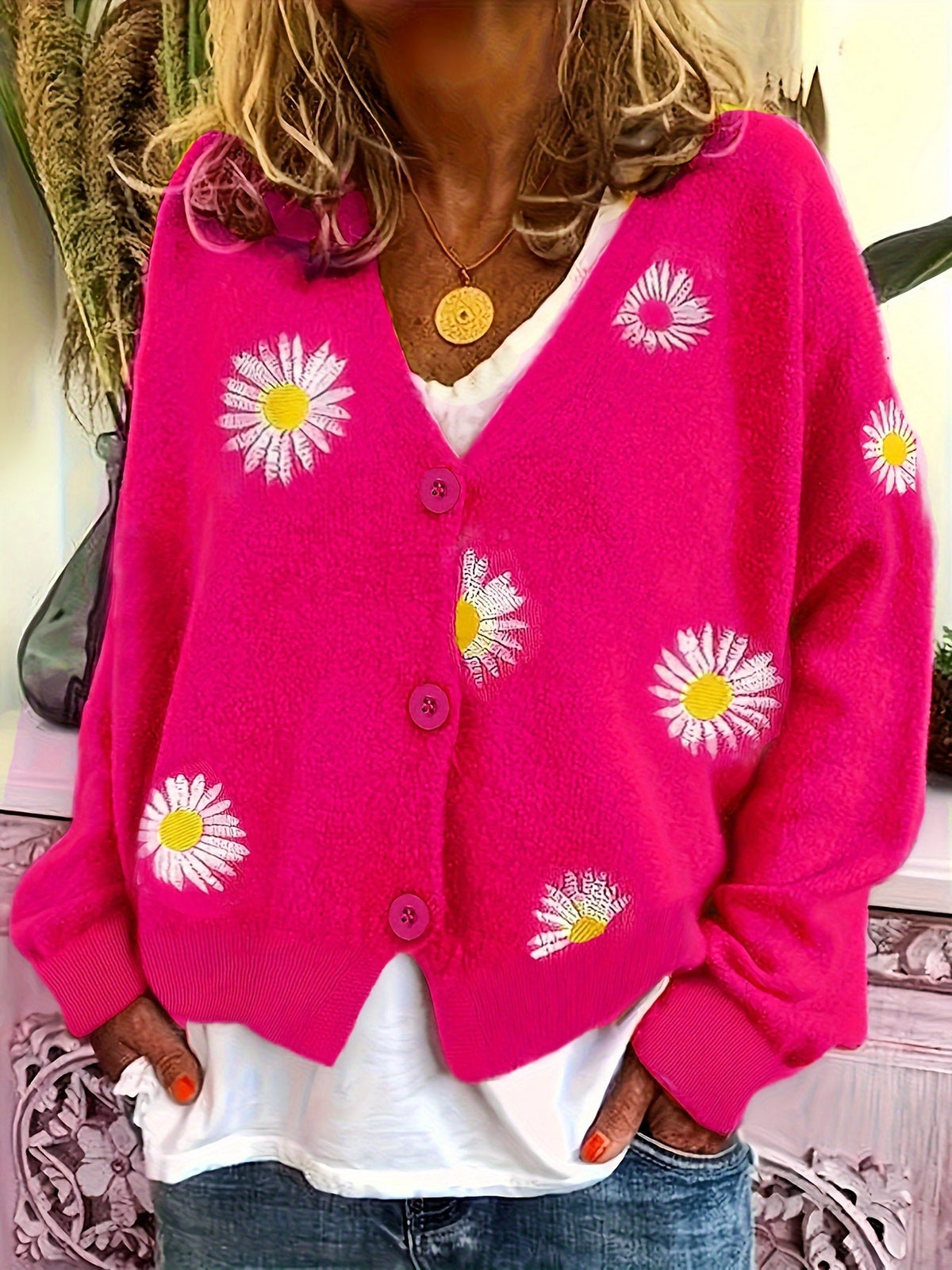Floral Embroidered Button-Front Cardigan
