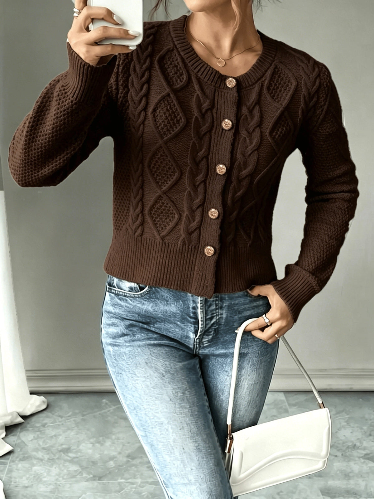 Cable-Knit Button-Front Cardigan