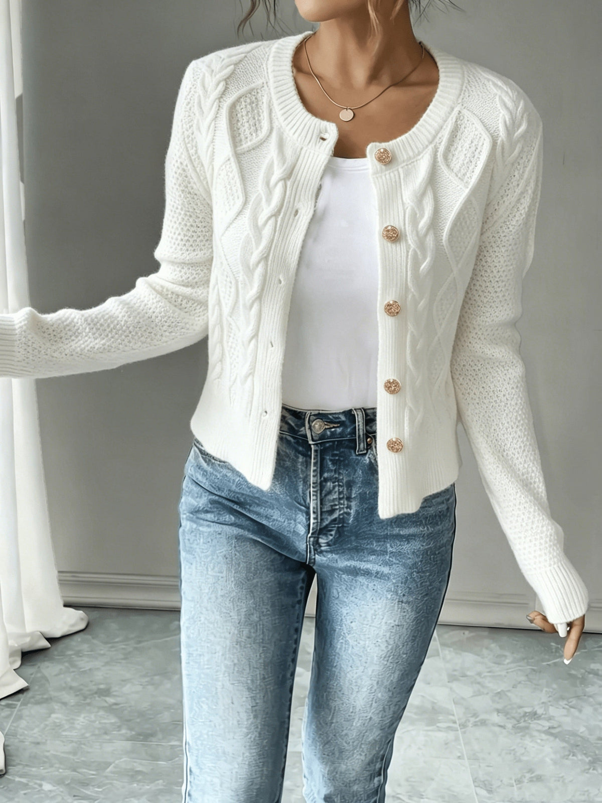 Cable-Knit Button-Front Cardigan