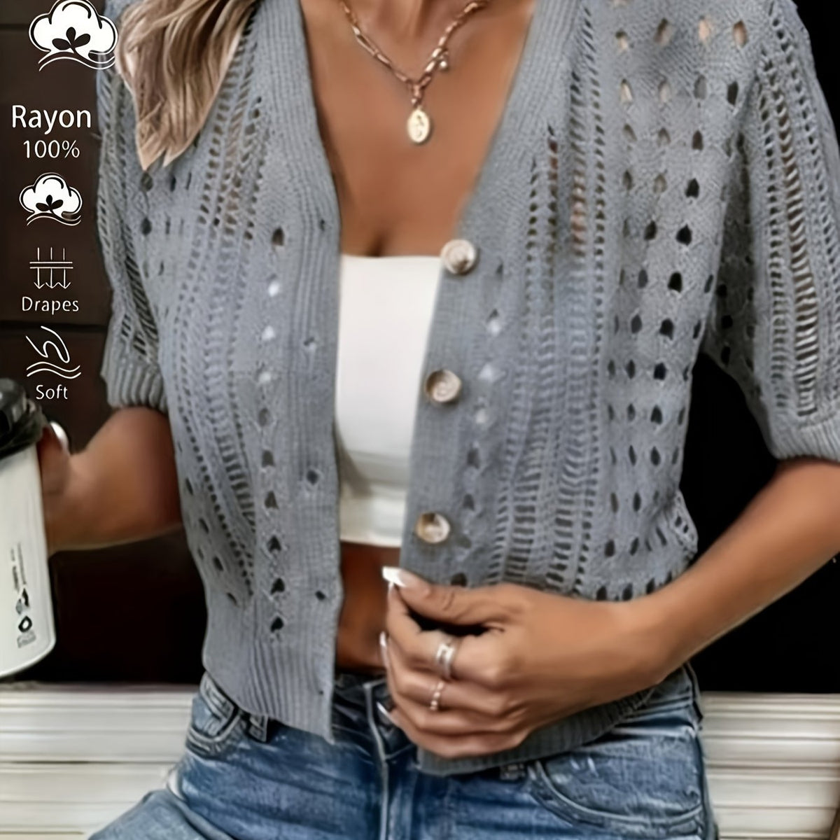 Open-Knit Short-Sleeve Cardigan