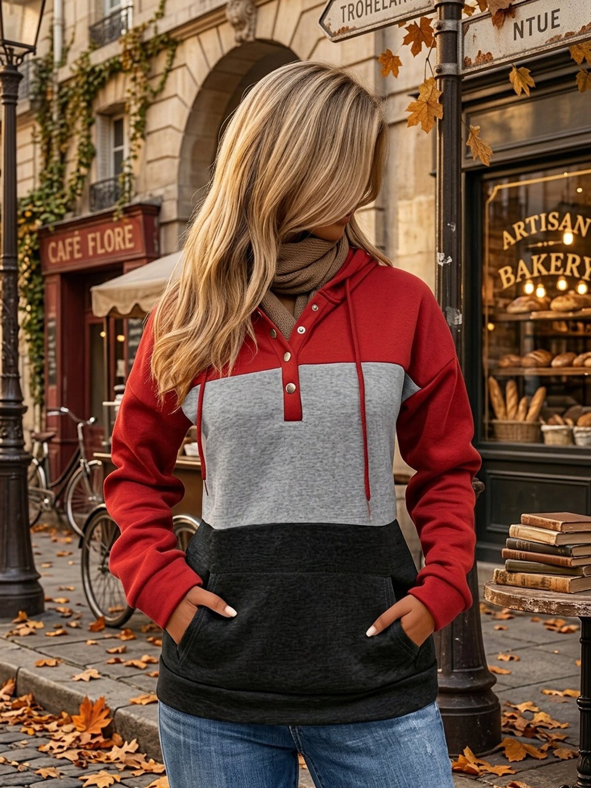 Color Block Button-Neck Hoodie