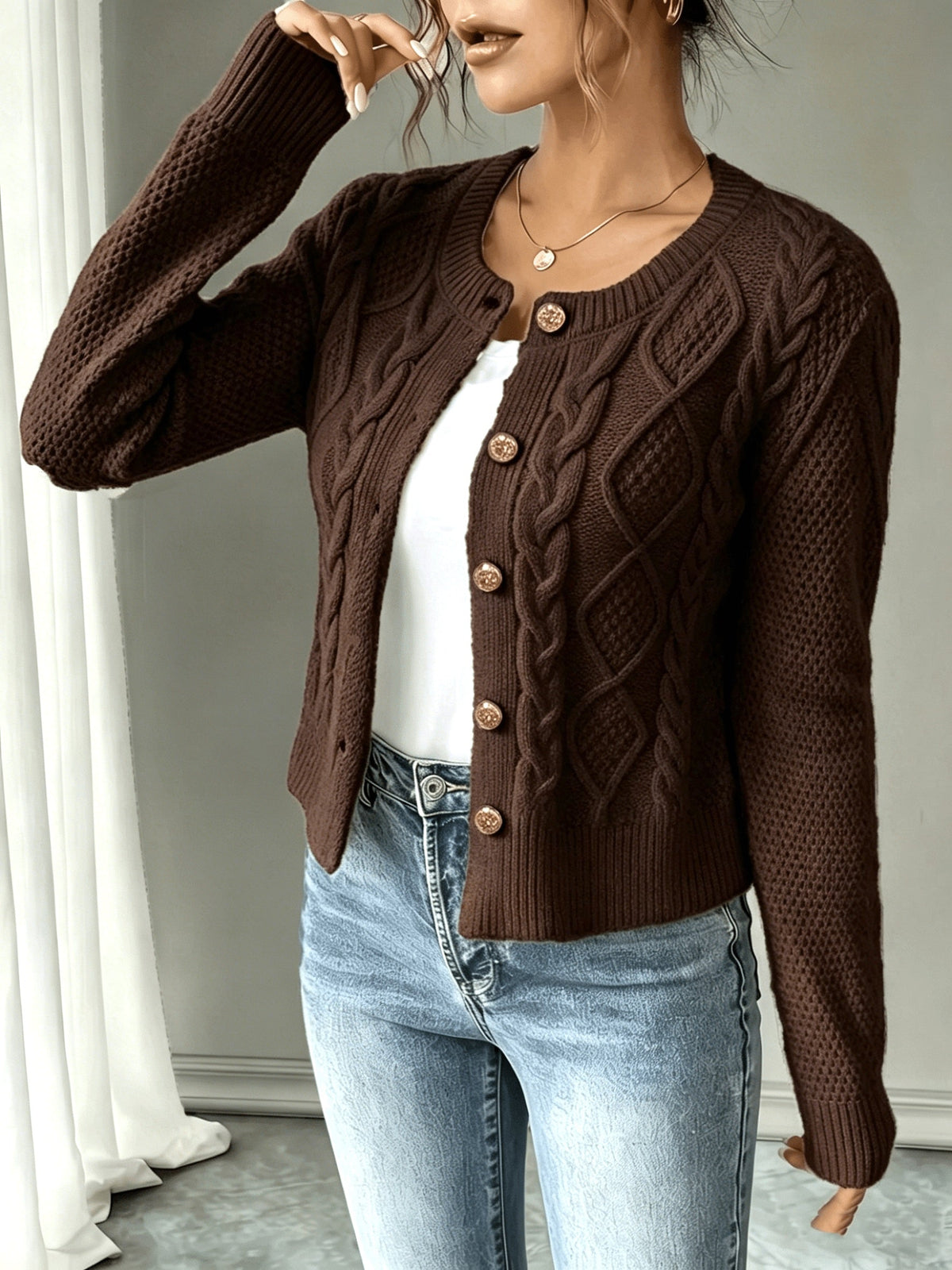 Cable-Knit Button-Front Cardigan